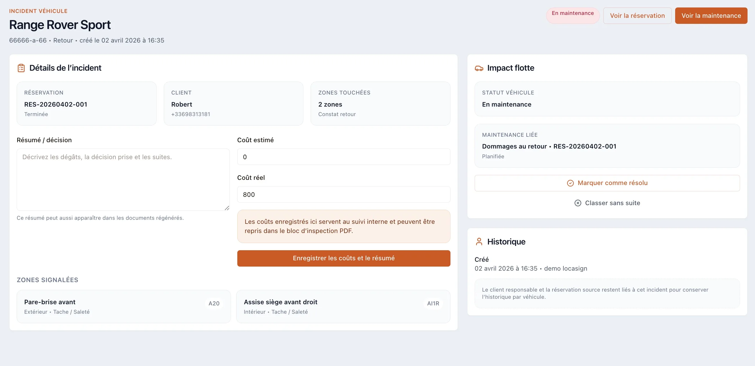 Incidents & Dommages